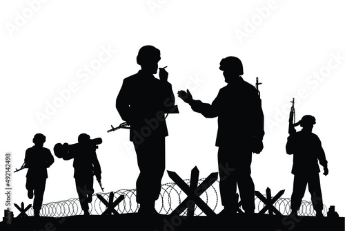 Soldiers troop with rifle gun in war silhouette vector, illustration for your background design, military man in the battle.