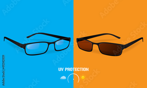 Glasses with photochromic lenses color depending on type of lighting Vector illustration.
