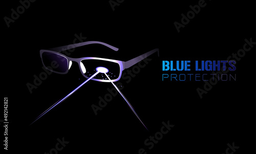 Glasses with blue light blocking Lens, with text blue lights protection Vector illustration in black