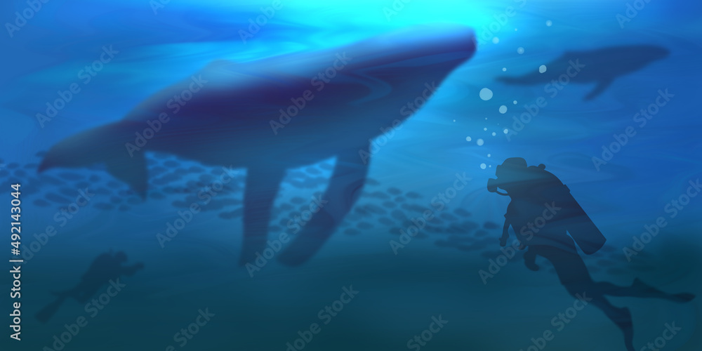 Fototapeta premium he whale with blue light flying. Sea fantasy, big whale, the silhouette of a man by the sea.