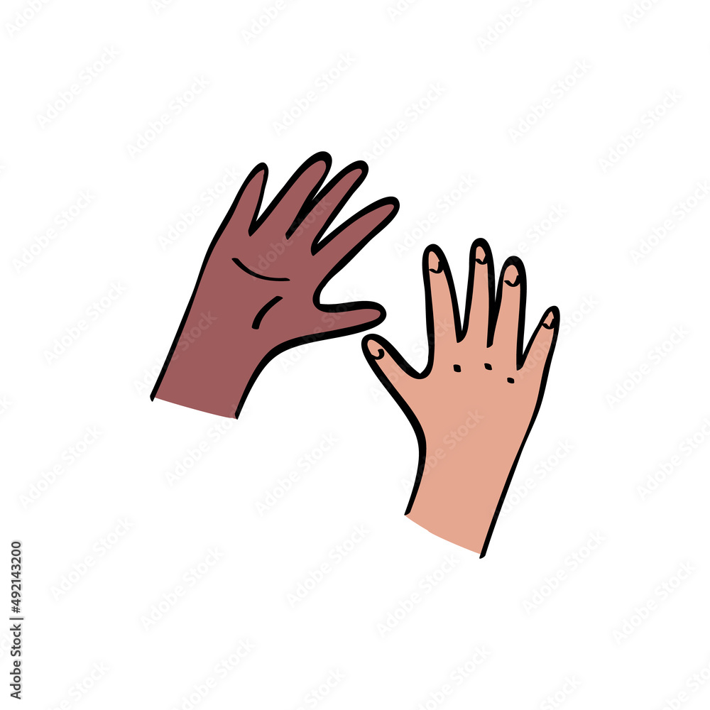 Kids hands reaching out to each other. Black and caucasian unity, diversity concept. Outline with color illustration in hand drawn style