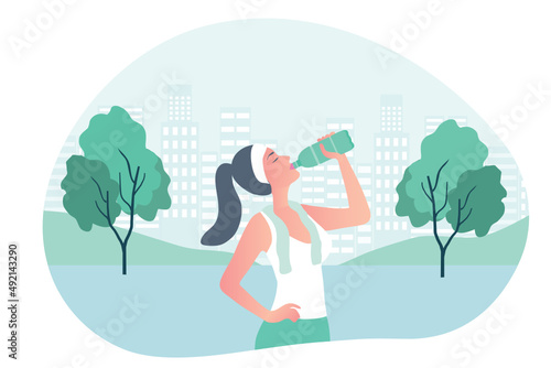 Healthy woman drinking water during exercise vector illustration. Healthy lifestyle and wellbeing  concept
