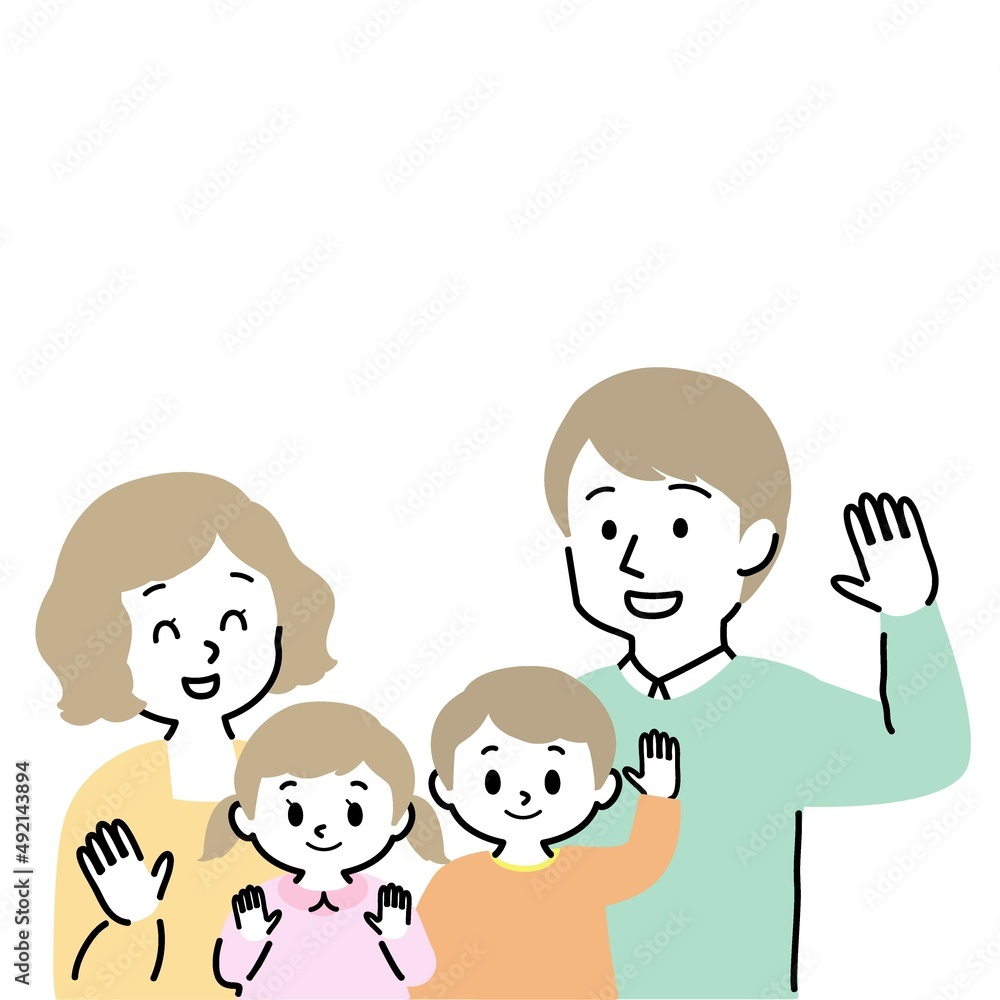 イラスト素材：こちらに手を振る男女の子供を育てる幸せな若い夫婦 　4人家族（手描き風シンプル）
