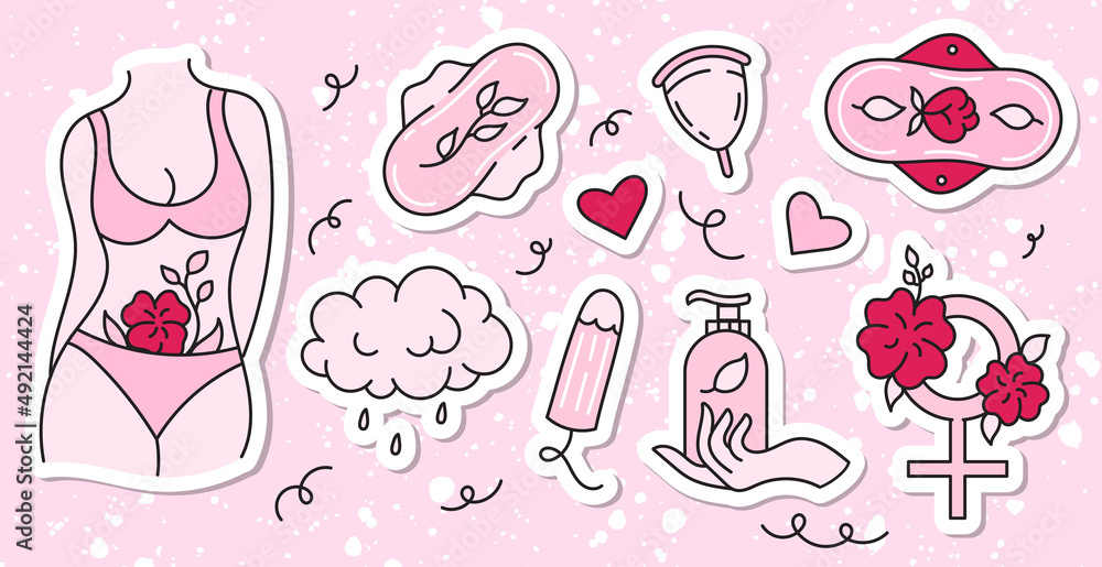 Menstruation theme stickers. Period. Various feminine hygiene products. Zero waste objects. Panties, pads, cups. Menstrual protection, feminine hygiene. Hand drawn vector illustration. Menstruation theme stickers. Period. Various feminine hygiene products. Zero waste objects. Panties, pads, cups. Menstrual protection, feminine hygiene. Hand drawn vector illustration.