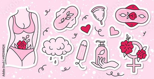Wallpaper Mural Menstruation theme stickers. Period. Various feminine hygiene products. Zero waste objects. Panties, pads, cups. Menstrual protection, feminine hygiene. Hand drawn vector illustration. Torontodigital.ca