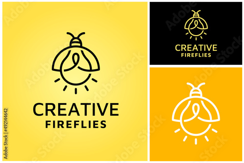 Firefly insect with electric light bulb lamp simple line art logo design