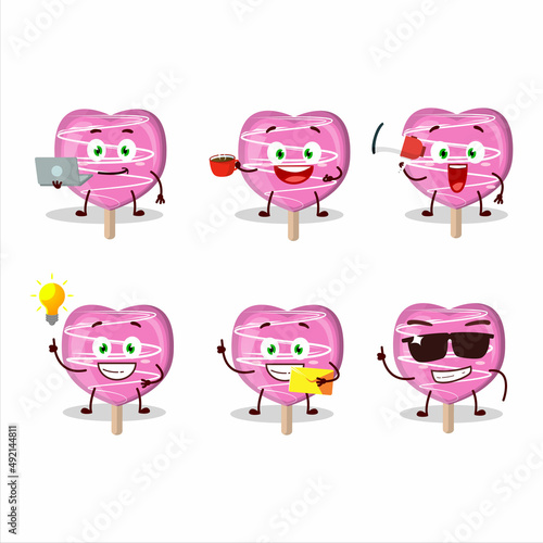 Pink lolipop love cartoon character with various types of business emoticons