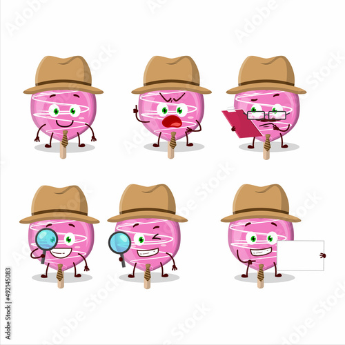 Detective pink lolipop love cute cartoon character holding magnifying glass