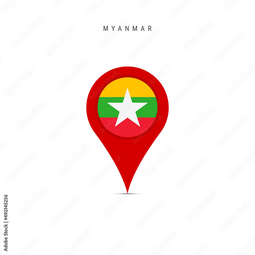 Teardrop map marker with flag of Myanmar. Burma flag inserted in the location map pin. Flat vector illustration isolated on white background. Teardrop map marker with flag of Myanmar. Burma flag inserted in the location map pin. Flat vector illustration isolated on white background.