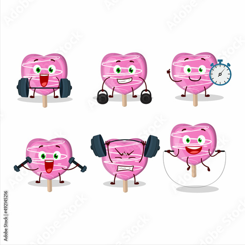 A healthy pink lolipop love cartoon style trying some tools on Fitness center