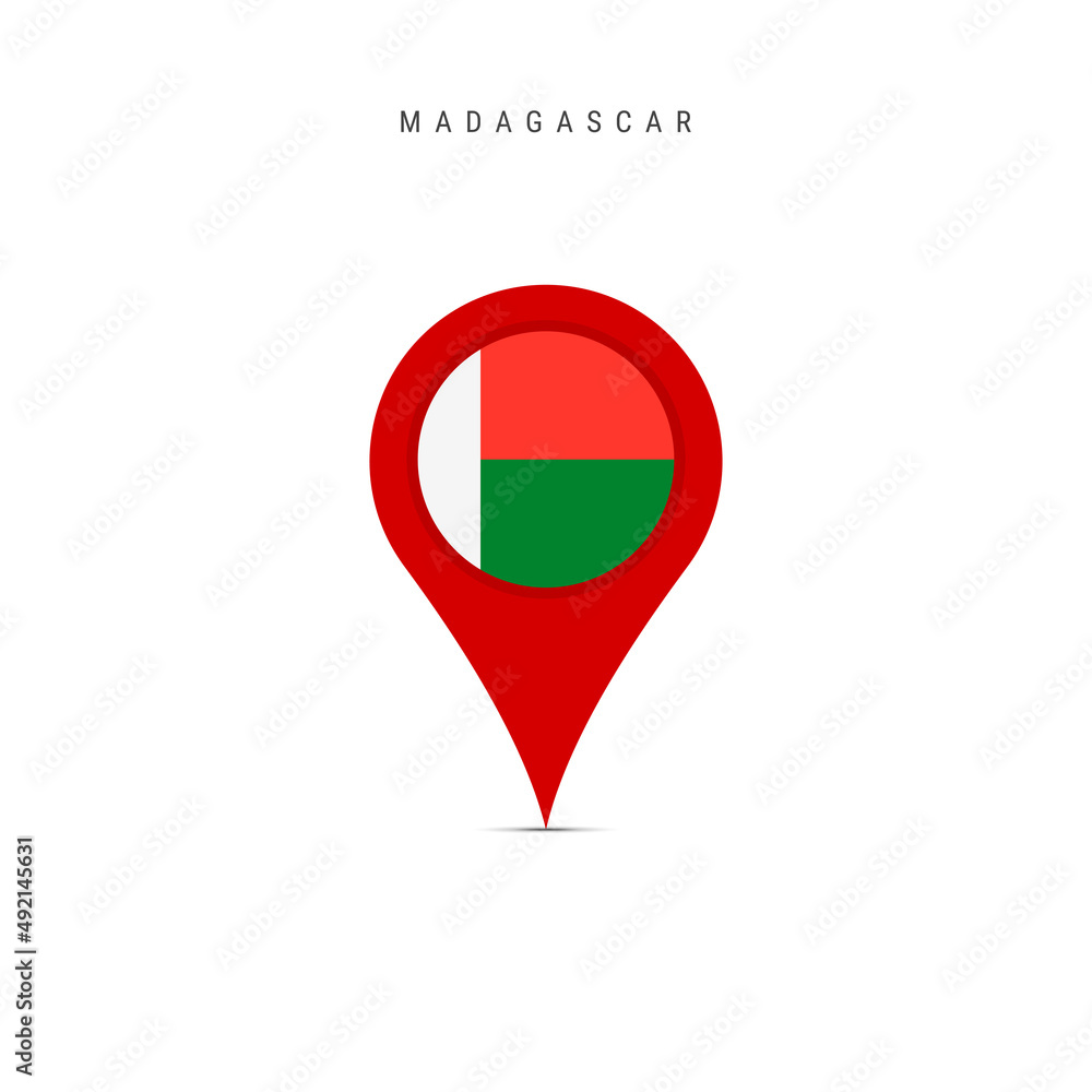 Teardrop map marker with flag of Madagascar. Republic of Madagascar flag inserted in the location map pin. Flat vector illustration isolated on white background. Teardrop map marker with flag of Madagascar. Republic of Madagascar flag inserted in the location map pin. Flat vector illustration isolated on white background.