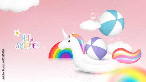 Hello, summer decorated with unicorn inflatable pool, beach ball, rainbow, clouds on pink background. Vector illustration.