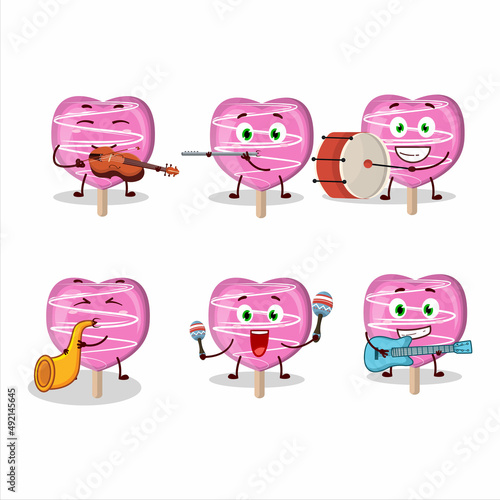Cartoon character of pink lolipop love playing some musical instruments