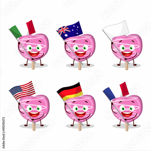 Pink lolipop love cartoon character bring the flags of various countries