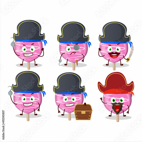 Cartoon character of pink lolipop love with various pirates emoticons
