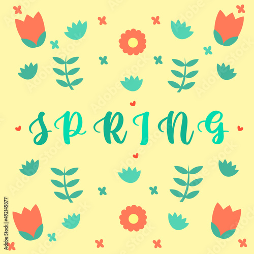 Temporada de primavera fondo de vectores con flores y ramas, con centro la palabra spring y a los lados corazones