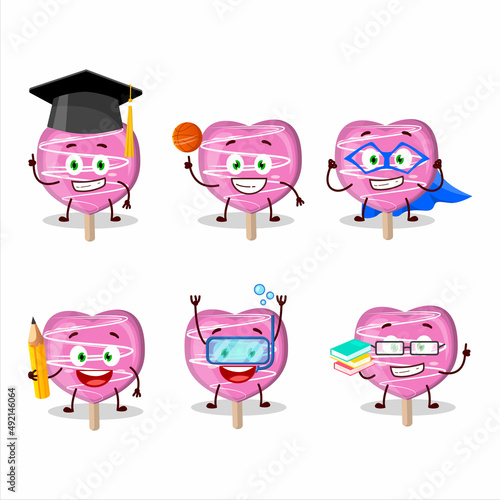 School student of pink lolipop love cartoon character with various expressions