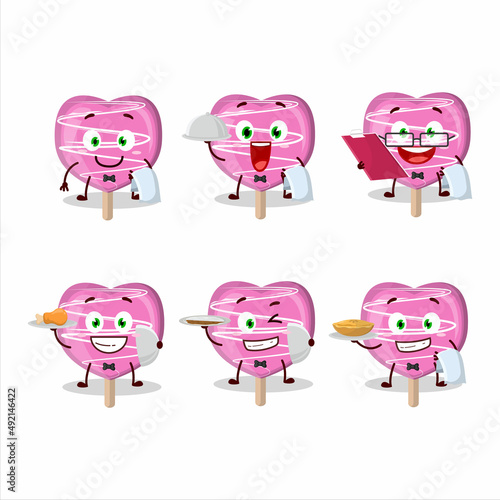 happy pink lolipop love waiter cartoon character holding a plate