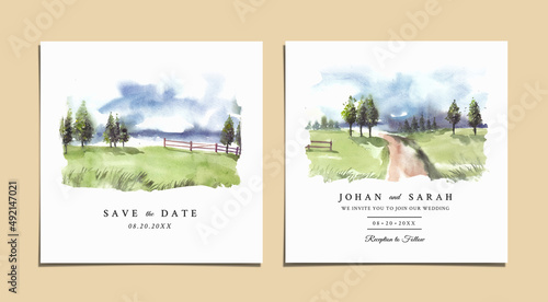 Watercolor wedding invitation of green nature landscape with garden fence and road 