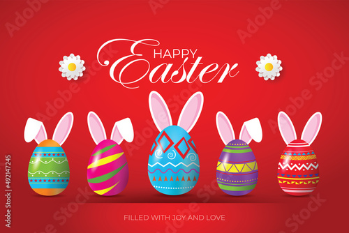 Happy Easter greeting card with colorful easter egg and holiday wishes on red background. Vector illustration.
