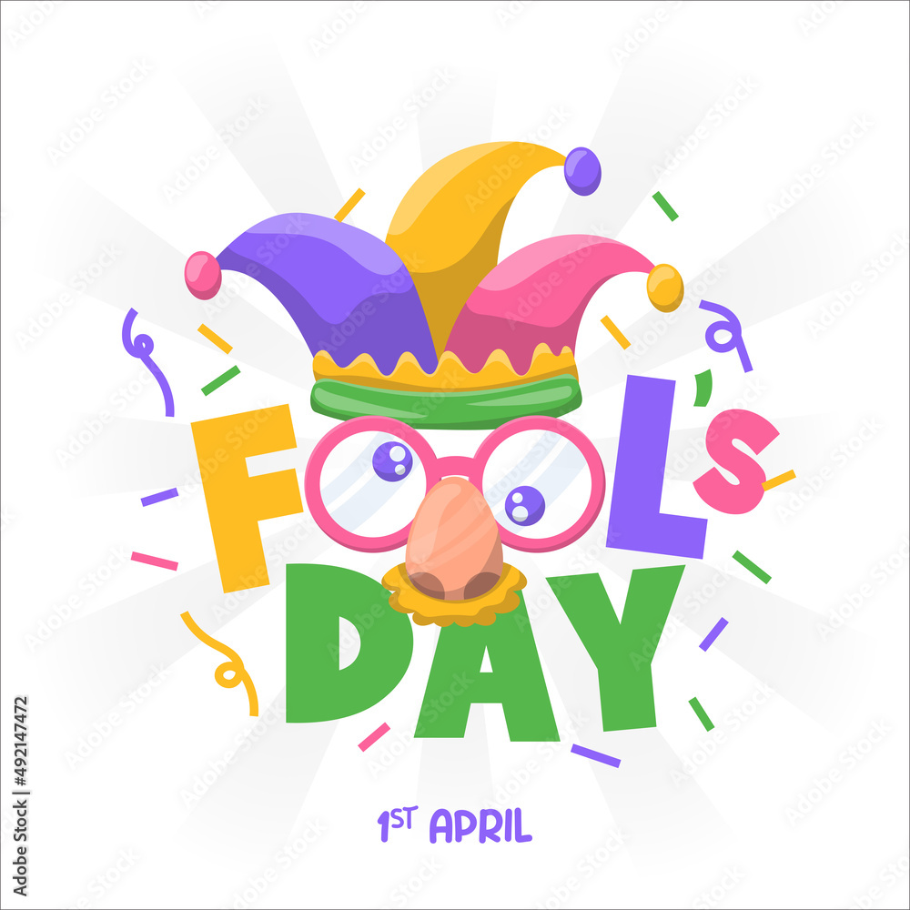 Fototapeta premium april fools day with jester hat and glasses style cartoon white background is very good for greeting cards, sales, promos, flyers, posters, backgrounds, web or social media etc.