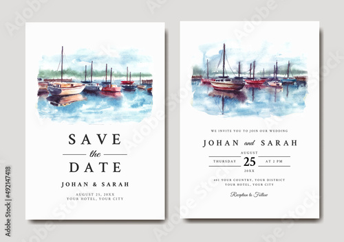 Watercolor wedding invitation of nature landscape with harbor and boat 