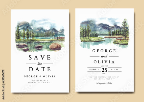Wedding invitation with reflection of beautiful pine trees and mountain in lake watercolor