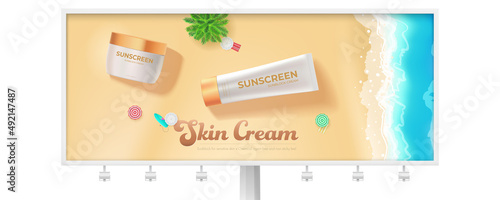 Ads of cosmetic creams on billboard. Tropical beach scene with tube and jar.