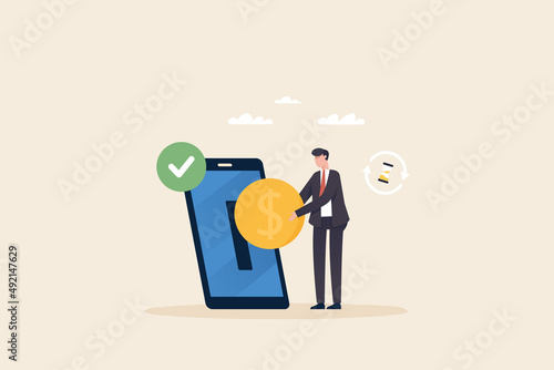 Businessman sending money via mobile phone. Bank transfer or smartphone payment application, investment or mobile banking concept.