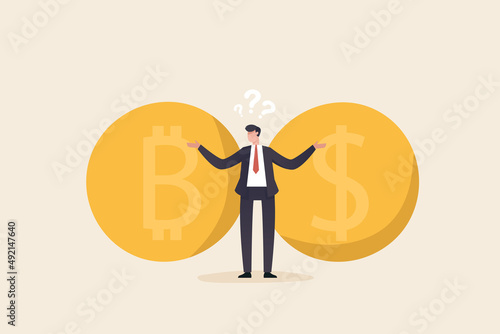 Deciding between Fiat Money or Cryptocurrencies. dollar coins and cryptocurrency coins concept.  Convert  fiat money to bitcoin. Investment and finance