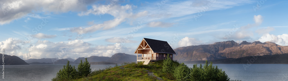 A-frame Cabin home on the ocean coast. 3d Rendering. Nature landscape background from Pacific Ocean of Alaska, USA. Sunny Morning Artwork A-frame Cabin home on the ocean coast. 3d Rendering. Nature landscape background from Pacific Ocean of Alaska, USA. Sunny Morning Artwork