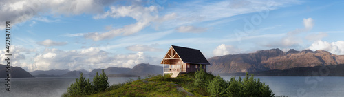 A-frame Cabin home on the ocean coast. 3d Rendering. Nature landscape background from Pacific Ocean of Alaska, USA. Sunny Morning Artwork © edb3_16