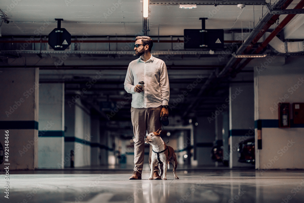 Fototapeta premium A man with a dog in the garage.