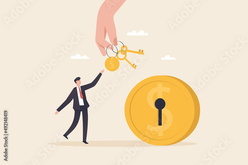 Financial key success, unlock secret reward for investment opportunity, wealth solution to make money and gain profit concept. big hand giving a key to a small businessman