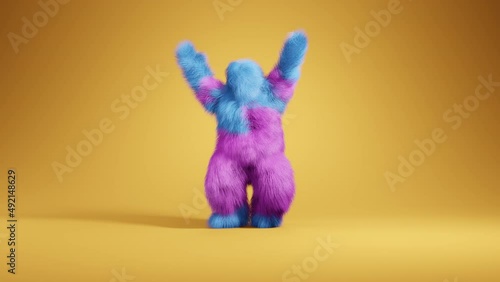 Funny fur monster dancing a happy dance full of joy. seamless loop. 3D rendering.