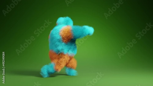 Heavyweight furry monster boxing and punching at copy space. Funny sports background. 3d rendering.