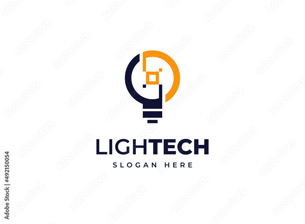 Fototapeta premium Light tech bulb lamp shine vector logo design, Code idea light bulb technology smart electricity vector logo design