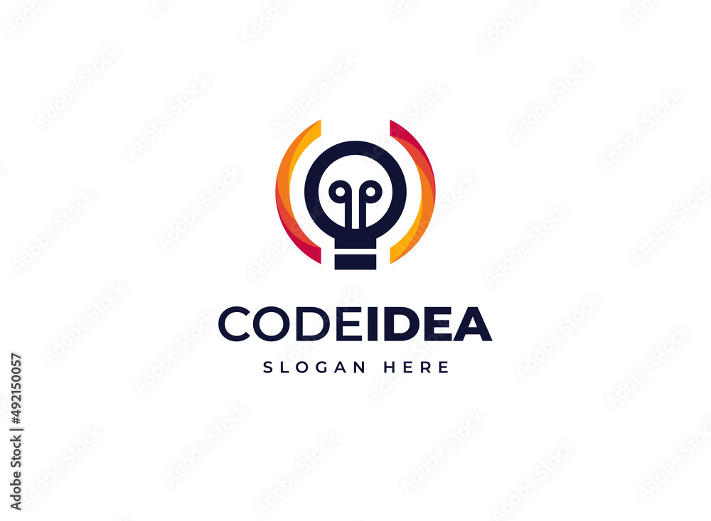 Obraz premium Code idea light bulb technology smart electricity vector logo design, Creative modern brilliant tech logo design