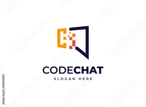 Chat code technology pixels answer vector logo design, Creative letter C talk discussion logo design