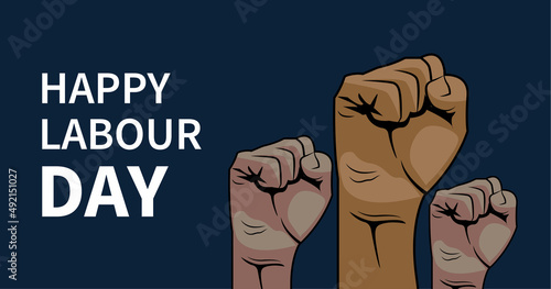 Happy labor day design of labour raise on hand with free spaces on blue and dark red color combinations. Labour day illustration of vector file