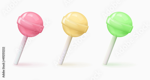 Set of realistic pink, yellow, green glossy candy on a stick, lollipop. Look like 3d rendering. Vector illustration for card, party, design, flyer, poster, decor, banner, web, advertising.