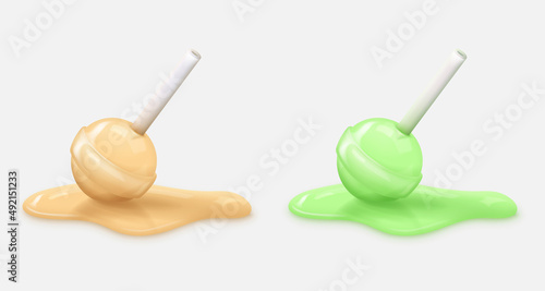 Realistic yellow, green glossy melted candy on a stick, lollipop in caramel puddle. Look like 3d rendering. Vector illustration for card, party, design, flyer, poster, decor, banner, web, advertising.