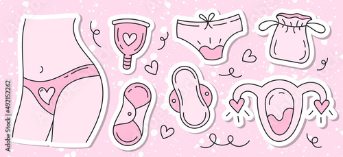 Wallpaper Mural Menstruation theme stickers. Period. Various feminine hygiene products. Zero waste objects. Panties, pads, cups. Menstrual protection, feminine hygiene. Hand drawn vector illustration. Torontodigital.ca