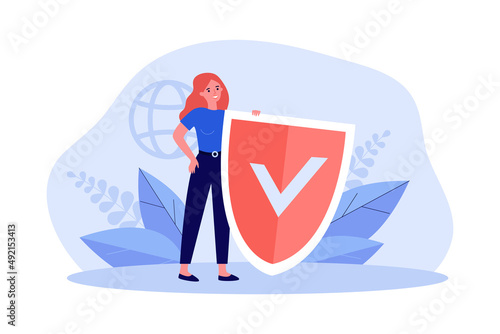 Tiny woman holding online virus protection shield. Person protecting data from risk of cyber attack flat vector illustration. Antivirus, defense concept for banner, website design or landing web page