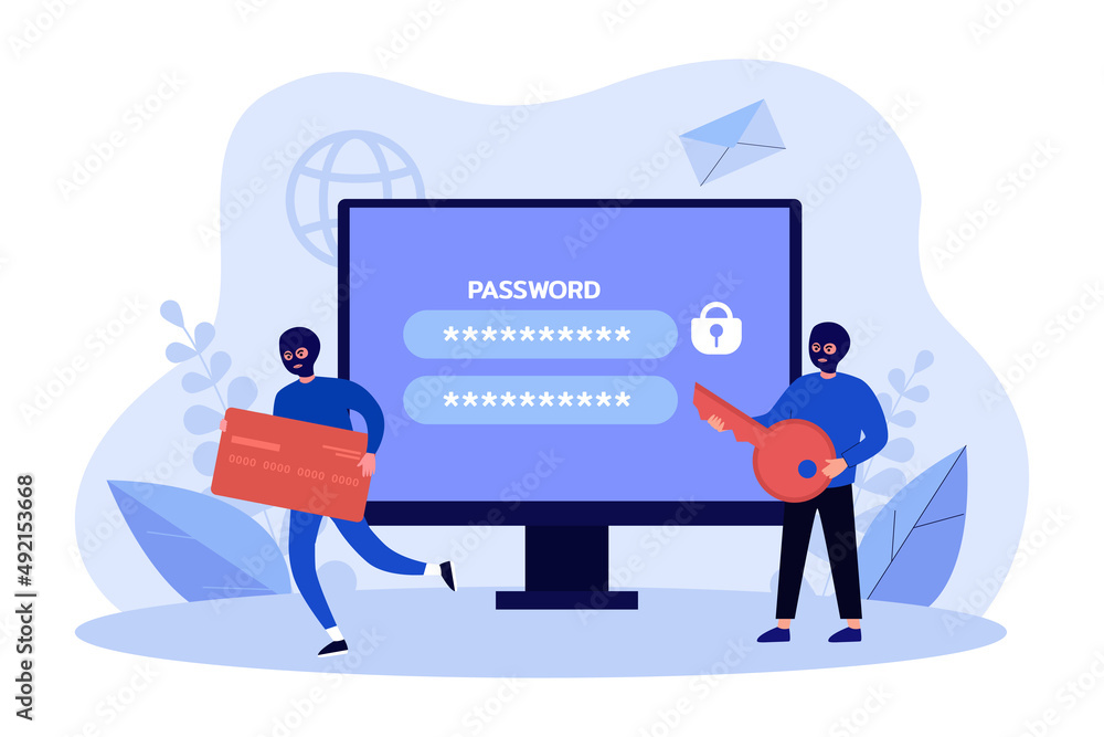 Tiny male burglars and hackers stealing credit card information. Criminal persons hacking access flat vector illustration. Cyberterrorism, fraud concept for banner, website design or landing web page