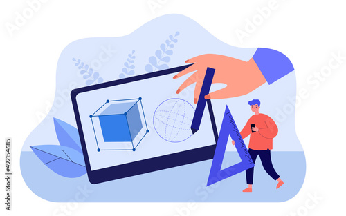 Designers hand drawing 3d figures with stylus and tablet. Tiny man helping with ruler flat vector illustration. Digital design, creative project concept for banner, website design or landing web page