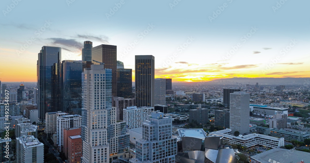 City of Los Angeles, panoramic cityscape skyline scenic, aerial view at sunset, business center office building.