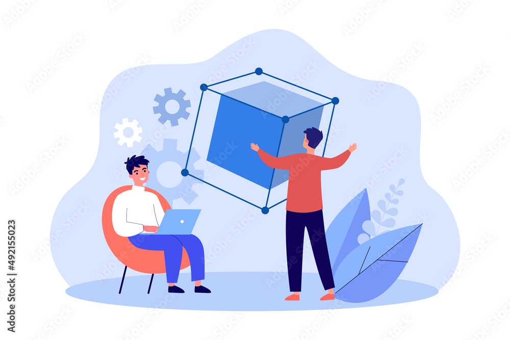 Work of designers with virtual simulation of 3d cube. Man sitting at laptop while configuration selecting flat vector illustration. Innovation concept for banner, website design or landing web page - obrazy, fototapety, plakaty 