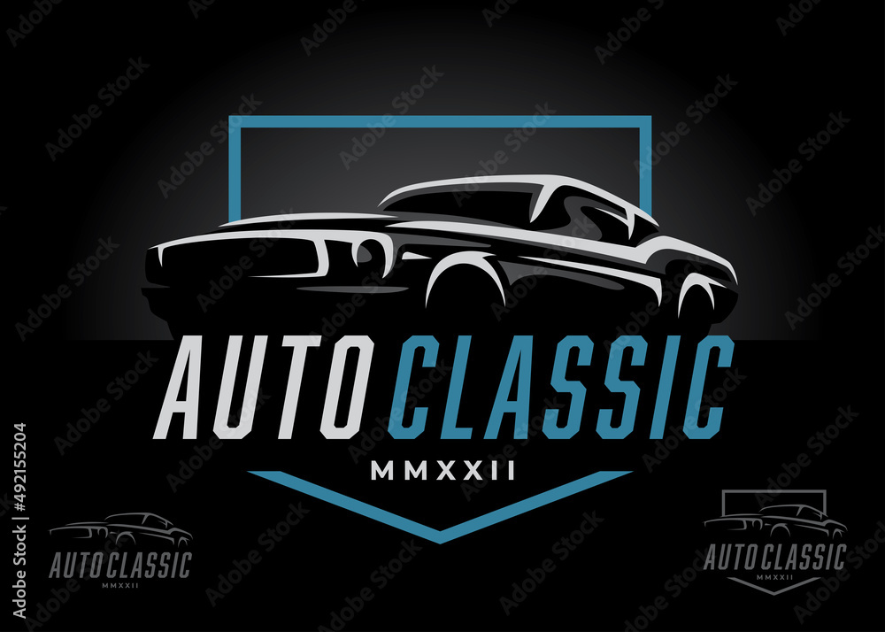 Classic sports car logo design. American performance motor vehicle icon. Auto dealership showroom sign. Automotive retro garage workshop symbol. Vector illustration.