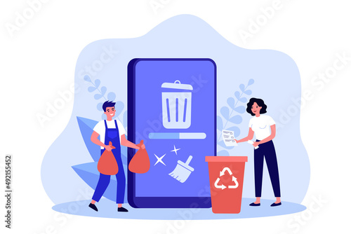 People cleaning mobile phone from trash files. Man and woman deleting documents with cleansing software flat vector illustration. Cache, spam concept for banner, website design or landing web page photo